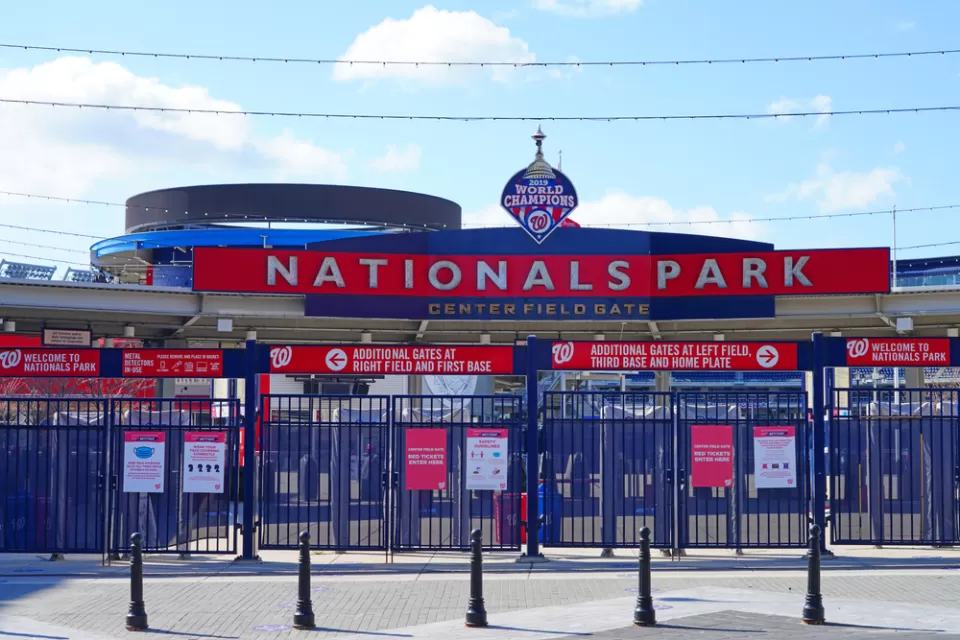 The centerfield gate of Nationals Park, home of the Washington Nationals Major League Baseball team, is shown closed and devoid of fans.